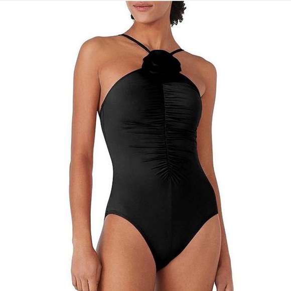 Kate Spade Black Solid High Neck Ruched Rosette One Piece Swimsuit Sz Small NWT - Picture 1 of 10